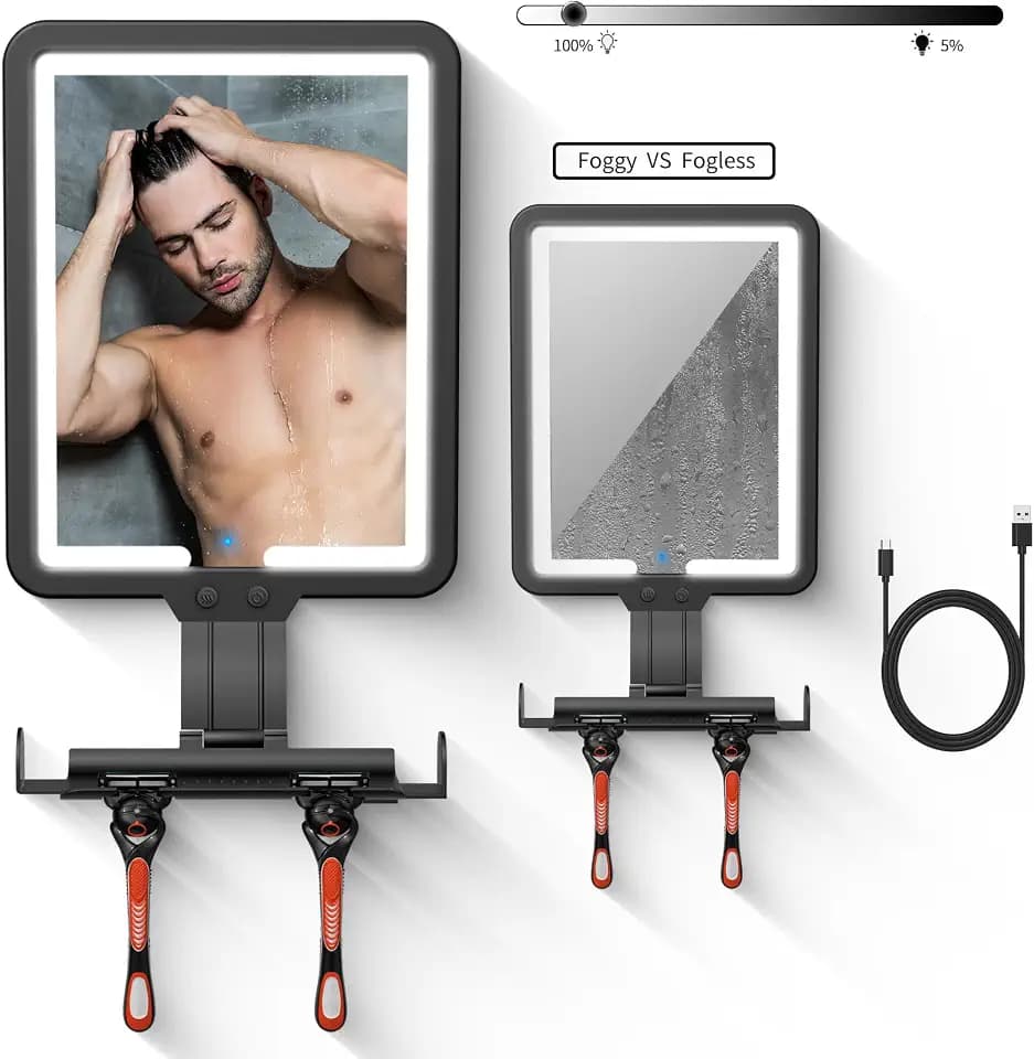 Shower Mirror Fogless for Shaving,Quick Anti Fog Mirror for Shower with Light, 3-Color Led Light Bathroom Mirror with Strong Adhesive Backing, Dimmable Brightness Makeup Mirrors for Wall
