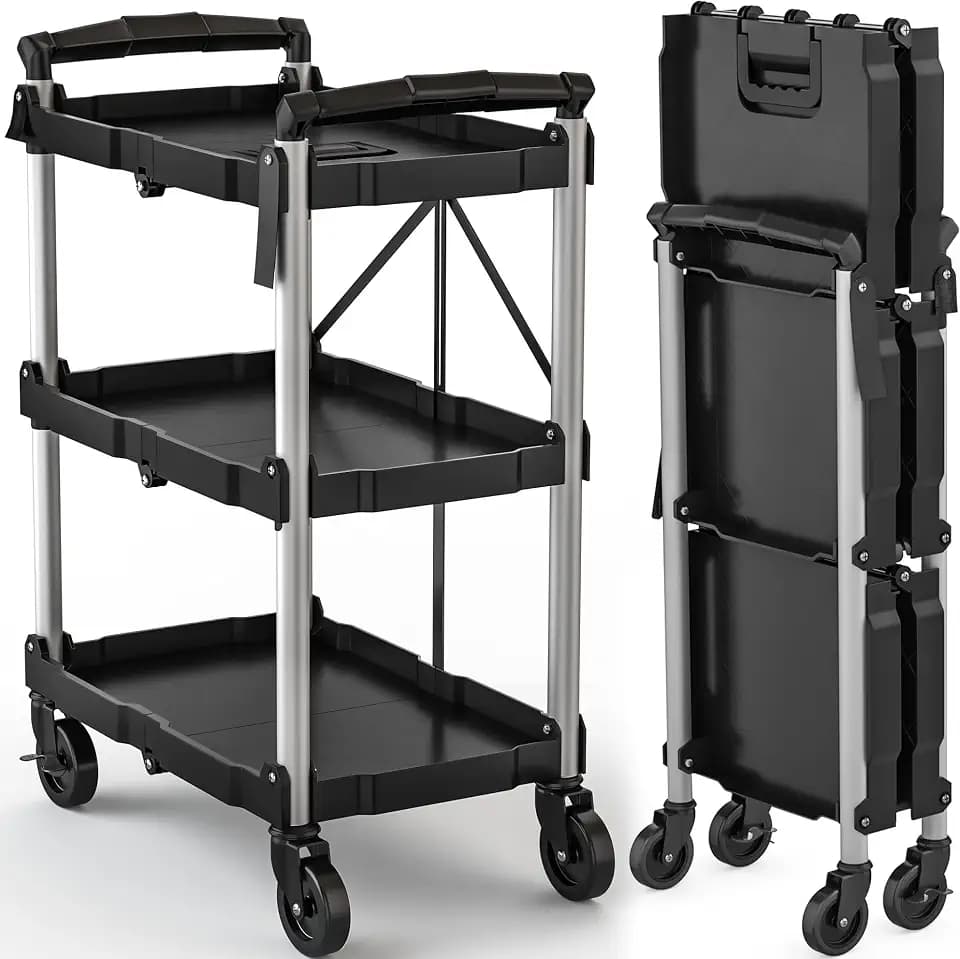 DWVO 3-Tier Foldable Service Cart with Swivel Wheels & Brake, 240LBS