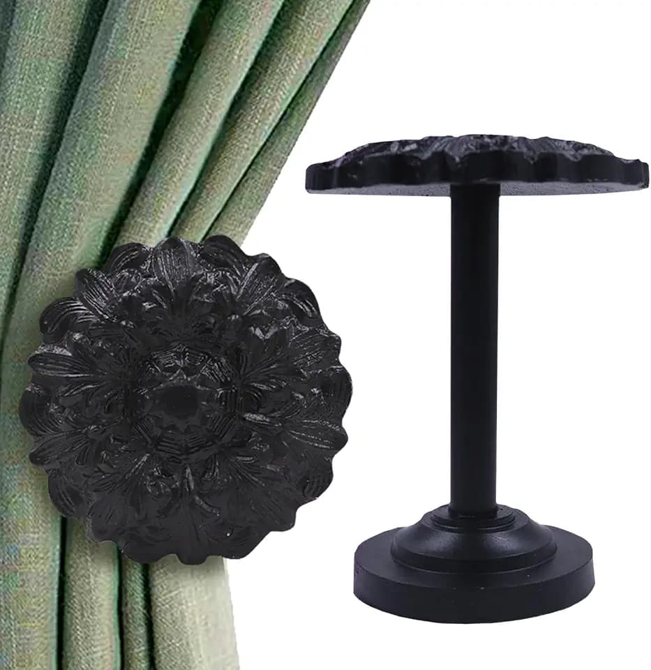 The Metal Magician Wall Mounted Floral Curtain Holdbacks (Pack of 2) - Boho Flowery Curtain Holders for Living Room, Bedroom, Office Drapes - Farmhouse Tiebacks for Curtains (Black Fleur)