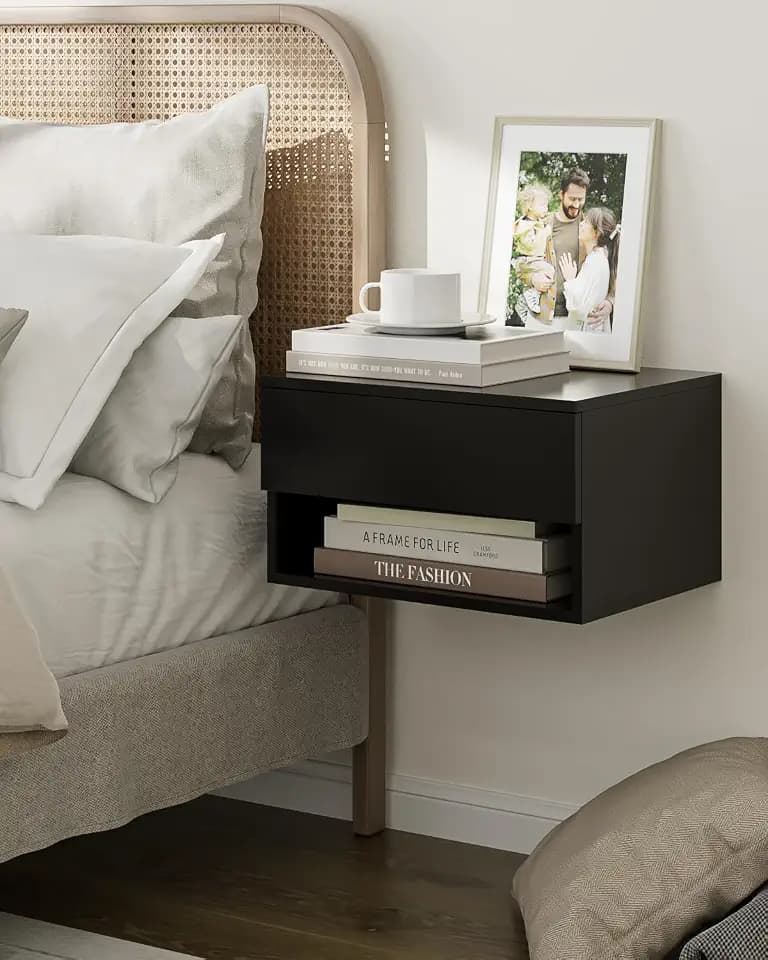 Modern Black Floating Nightstand with Drawer, Small Wall Mount Shelves