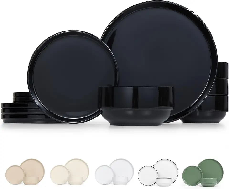 Vase and Vessel Ceramic Dinnerware Set, 12-Piece Service for 4, Soup Bowls (31.5 oz), Salad Plates (7.5"), Dinner Plates (10.5"), Round, Microwave and Dishwasher Safe, Black, Cambridge Classics