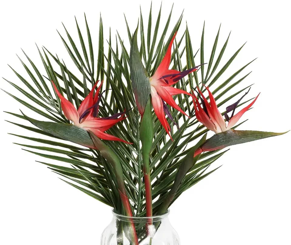 Bird of Paradise Artificial Plant Combo Palm Leaves,Faux Bird of Paradise Plant with Artificial Palm Leaves for Wedding Garden Office Home Indoor and Outdoor Decor(Red)