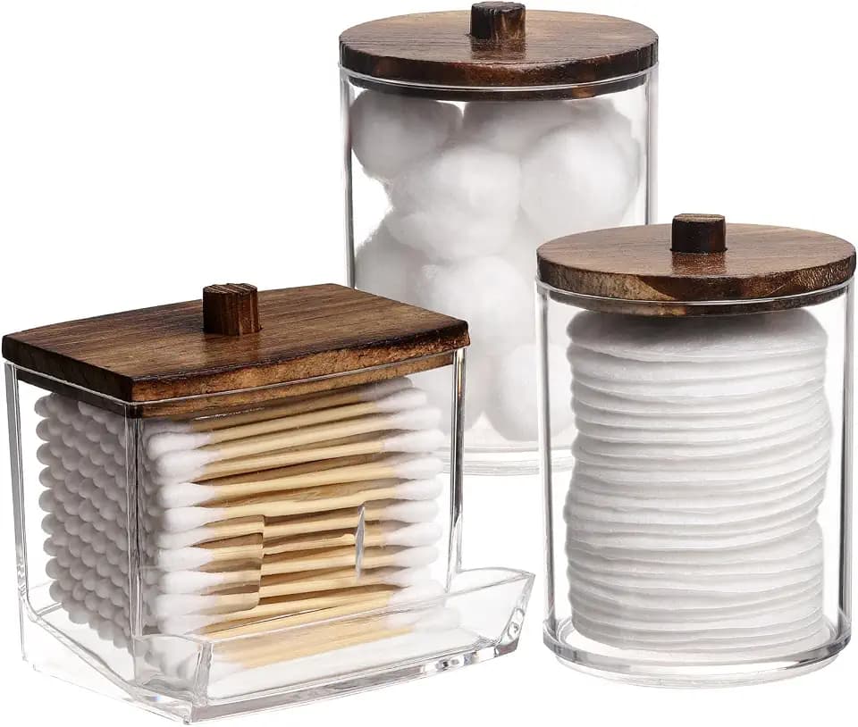 Tbestmax 3 Pack Qtips Holder Bathroom Container, 10 oz Cotton Ball/Swabs Dispenser, Apothecary Jar Organizer for Storage Brown Wood Lids