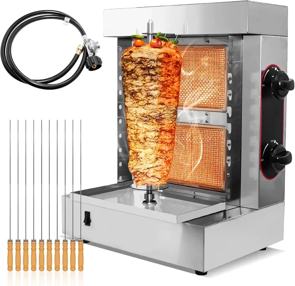 Innovative 2-Burner Shawarma Grill Machine - Professional Rotisserie for Kebabs, Gyros, & Tacos Al Pastor - Includes 10 Premium Stainless Steel Skewers