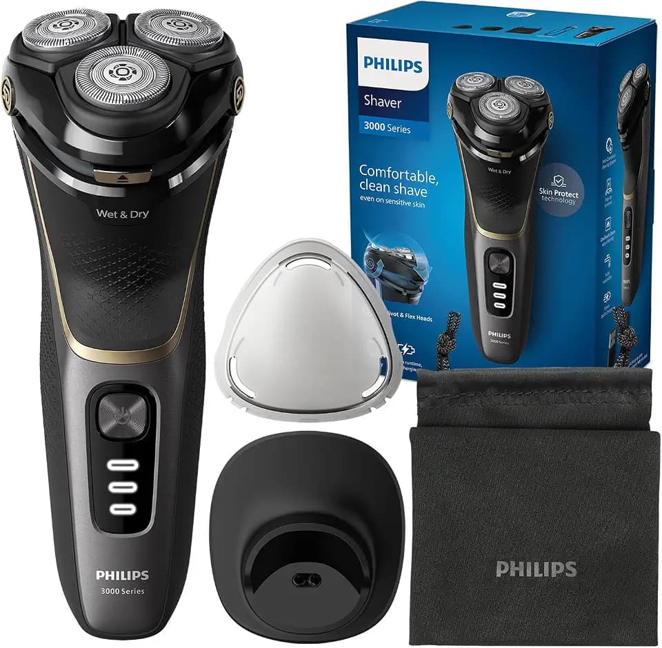 PHILIPS Shaver Series 3000 – Elektrischer Rasierer für Herren, Nass- und Trockenrasur, Schwarz, mit SkinProtect-Technologie, ausklappbarem Bartschneider, Ladestation und Reisetasche (Modell S3342/13)