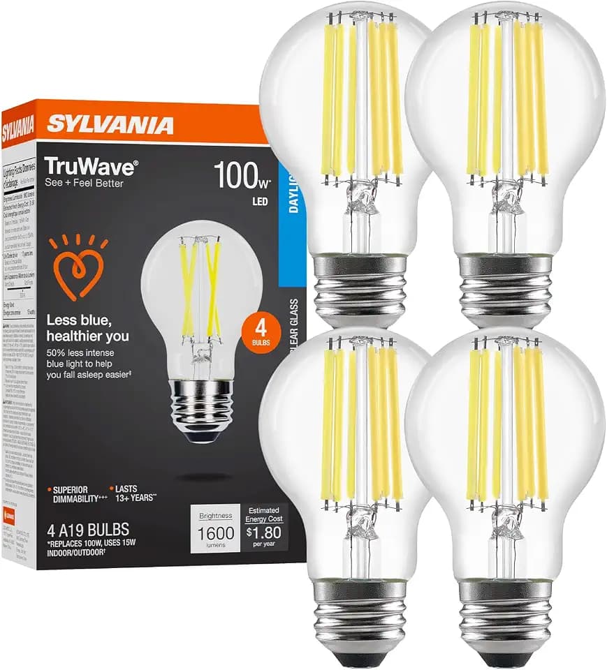 Sylvania LED TruWave Natural Series A19 Light Bulb, 100W Equivalent, Efficient 15W, 1600 Lumens, Medium Base, Dimmable, Clear, 5000K, Daylight - 4 Pack (42273)