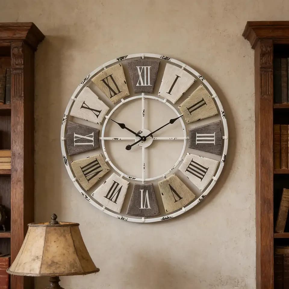 16" Distressed Metal Wall Clock, Roman Numeral Farmhouse Decor