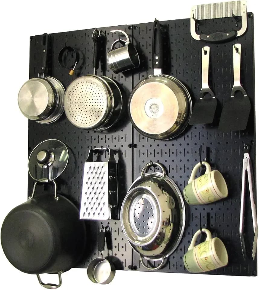 Wall Control Kitchen Pegboard Organizer Pots and Pans Storage Rack Organization Kit with Black Pegboard and Black Accessories