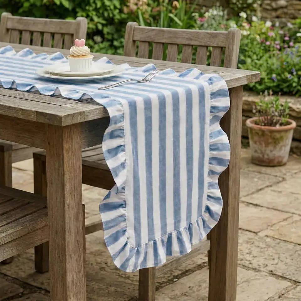 Tegeme Blue and White Stripe Ruffle Table Runner, 100% Cotton 13" x 90"