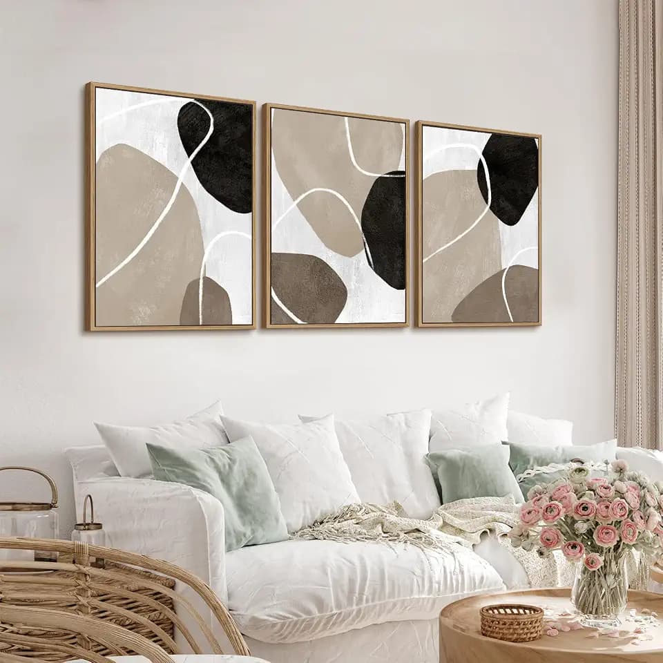 Minimalist Abstract Boho Wall Art - Natural Framed Abstract Canvas Picture Stone Painting Rock Line Artwork Modern Geometric Canvas Prints for Home Wall Decor 20" x 28" * 3 Tan Brown Grey Black