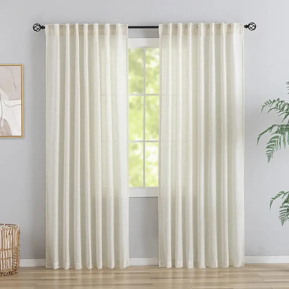 DONREN Natural Back Tab Curtains 90 Inches Long 2 Panels for Bedroom,Modern Farmhouse Hooks Belt Pleated Semi Privacy Drapes Shabby Chic Light Filtering Window Curtains W72 x L90