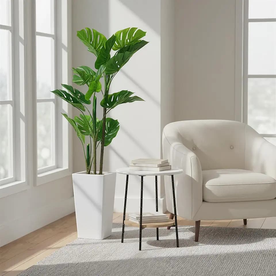 GAOMON 4.5ft Artificial Monstera Deliciosa Plants in White Tall Planter,Faux Tropical Palm Tree with 16 Leaves,Artificial Floor Plants for Indoor and Outdoor Home Porch, Garden