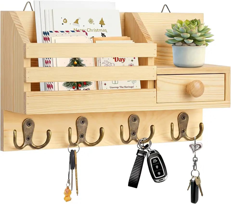 Key Holder Wall Mount, Wooden Key and Mail Organizer, Natural