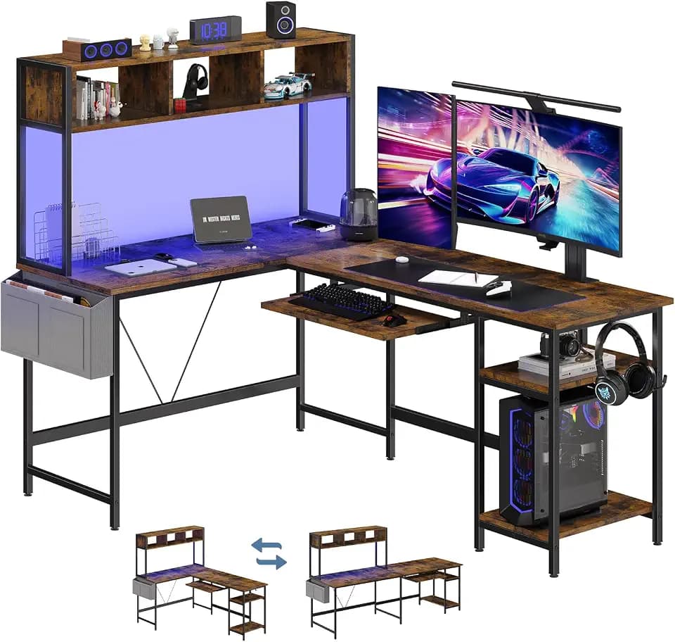 DUMOS 67" L Shaped Gaming Desk, Reversible Computer Desks with LED Lighting
