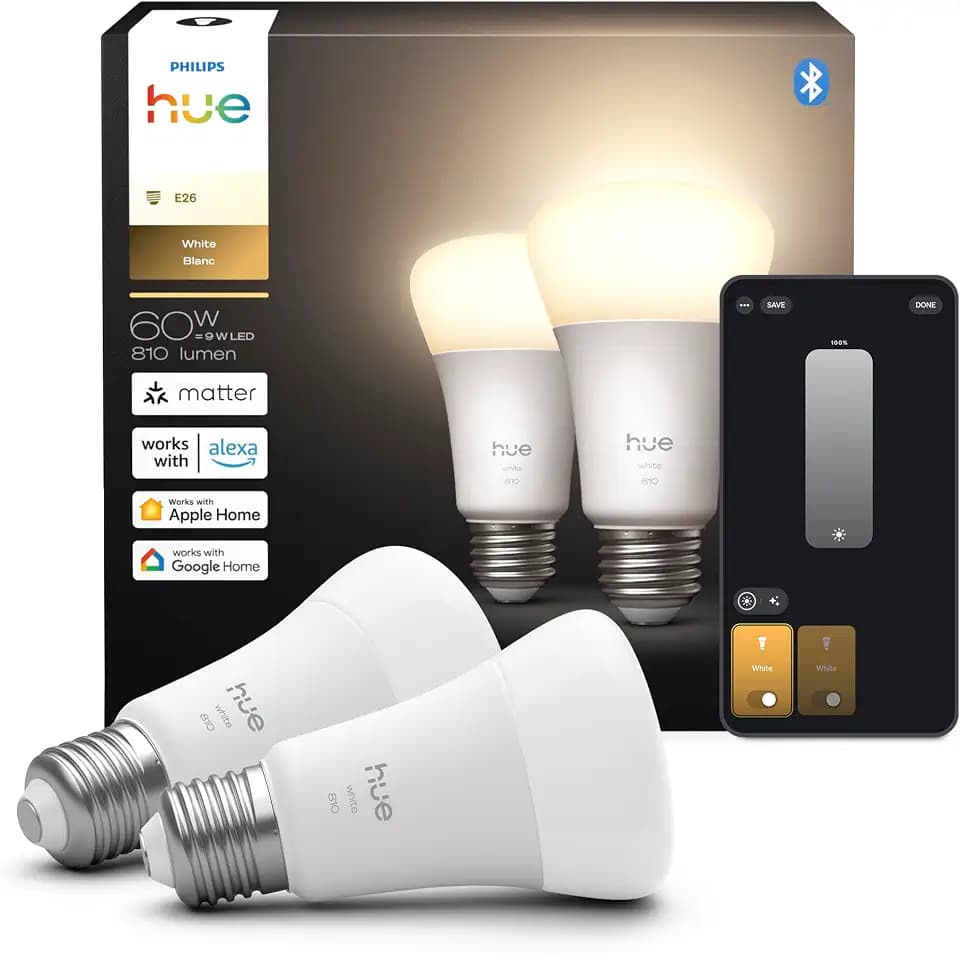 Philips Hue Smart LED A19 Bulb 2-Pack, Warm White Light 2700K, E26 Base, 9W, 810 Lumens, Dimmable, Works with Alexa, Google Assistant, and Apple Home