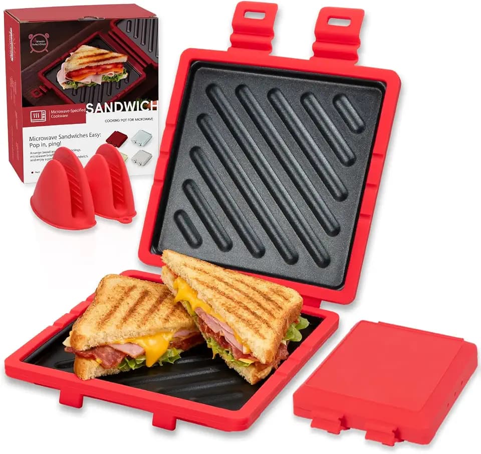 Microwave Sandwich Maker with Non-Stick Plates and Adjustable Strap, Red