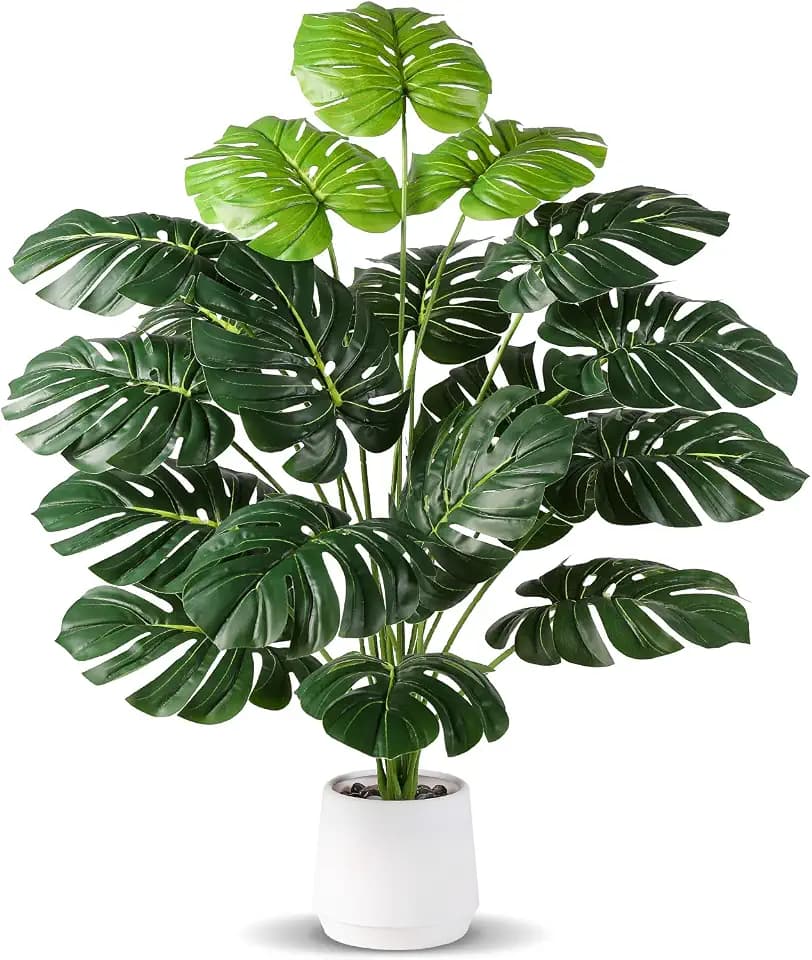 28'' Fake Plants Large Artificial Monstera Faux Plants Indoor Tall Plant, Pre-Assembled with White Planter Ideal, for Home Living Rooms, Patios, Porches, Bathrooms, and Outdoor Decor DIY