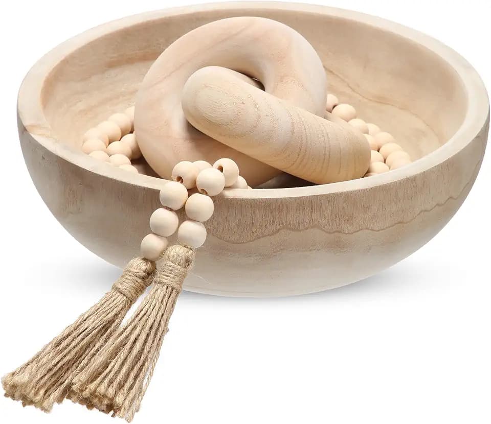 Novabright Farmhouse Wooden Bowl Set with Chain Beads, Natural