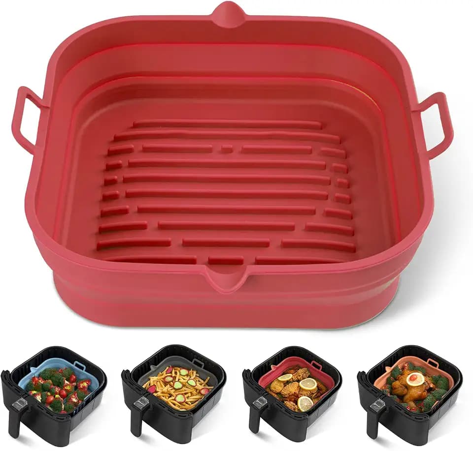 Silicone Air Fryer Liners Square - Reusable Airfryer Collapsible Basket - Easy to Clean Air Fryers Pot for 5.8 to 8 Qt Baking Tray Oven Accessories, 8.5 Inch Large