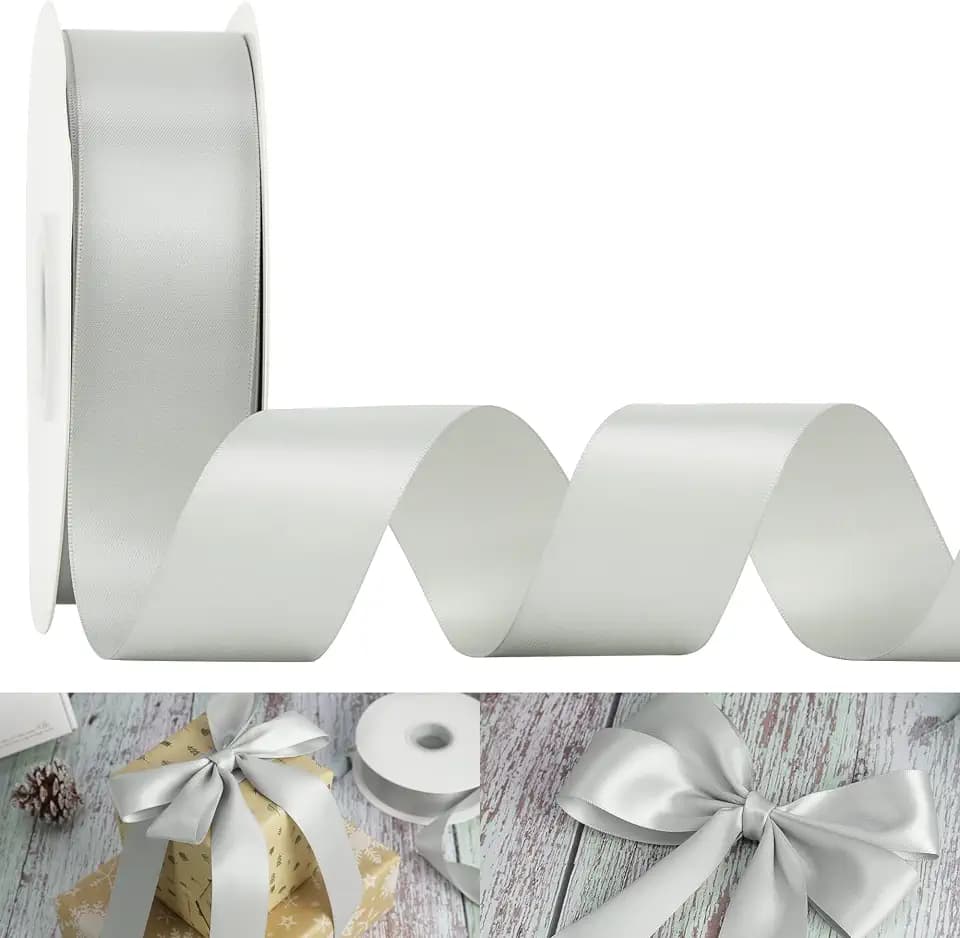 HUIHUANG Silver Ribbon Satin 1-1/2" Wide Double Face Polyester Satin Ribbons for Crafts, Thick Silk Ribbon for Gift Wrapping Hair Bows Floral Bouquet Cake Box Christmas Decor Party Favor - 50 Yards
