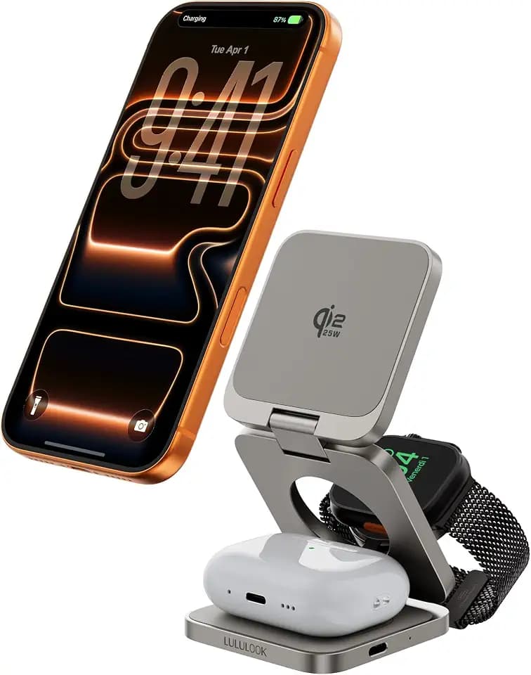 3 in 1 Charging Station for Apple - Qi2.2 25W Magnetic Wireless Charger for iPhone 18/17, Apple Watch, AirPods, Travel Fast Charging Foldable Stand with 45W GaN Adapter, Aluminum Alloy Design
