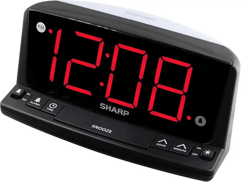 Sharp Digital Alarm Clock, 1.8" Red LED, Night Light, Loud Alarm, Black