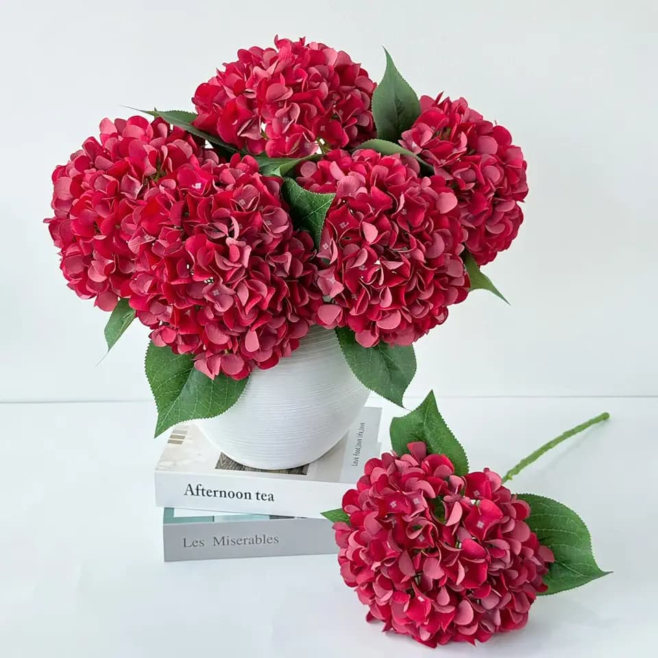 ZYTUYO 5 Pcs Red Silk Hydrangeas Artificial Flower Boho Dried Touch 20'' Faux Hydrangeas for Fall Home Decor Kitchen Living Room Porch Wreath Xmas Wedding Flower Arrangement