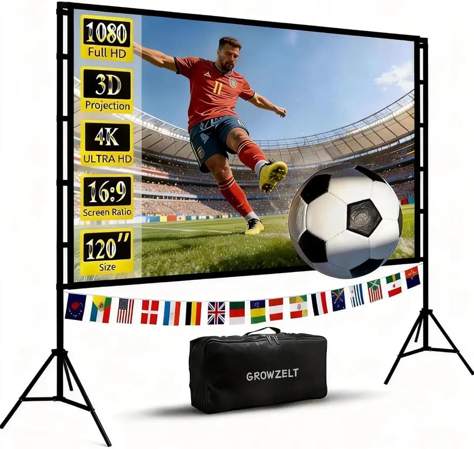 Leinwand Beamer mit Ständer 120 Zoll, Doppelstützen für mehr Stabilität, Schnell & Einfach Aufgebaut, Tragbar, Knitterarm, Beamer Leinwand für Outdoor und Garten, Growzelt