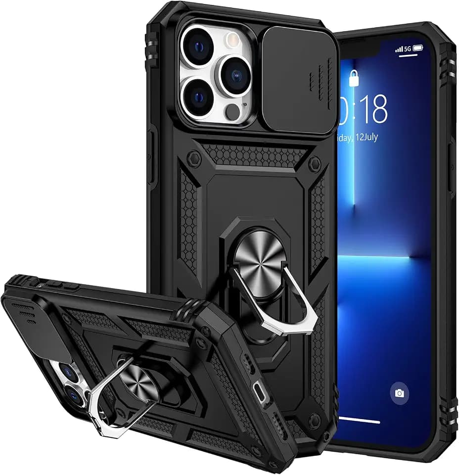 Compatible with iPhone 13 Pro Max Case with Camera Cover & 360° Ring Stand
