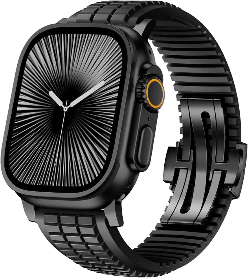 SEURE FKM Armband für Apple Watch Ultra 2/1 49mm,Serie 10 46mm,Serie 9/8/7 45mm,Serie SE2/6/SE/5/4 44mm,Serie 3/2/1 42mm Business Sport Fluorkautschuk-Armbänder Ersatzarmband für Herren Damen