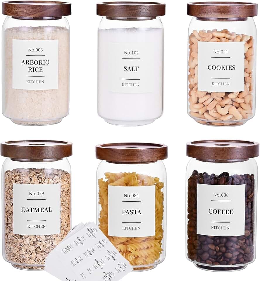 Tzerotone Glass Pantry Storage Jars with Acacia Airtight Lid, 25oz Clear Kitchen Canisters with Wood Lid, 6 Set with 132 Labels for Tea, Sugar, Spice, Herbs