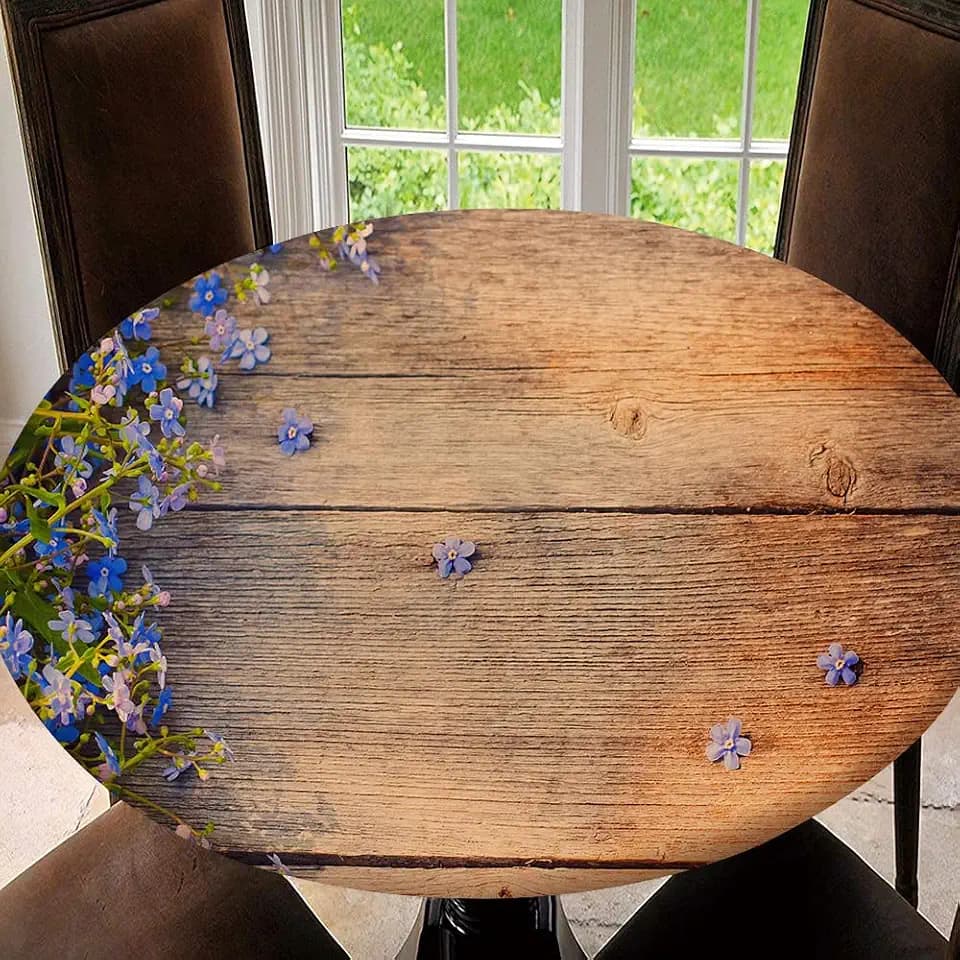 Spring Flowers On Wooden Elastic Fitted Edged Round Tablecloth Waterproof Soft Polyester Table Cloth Washable, for Banquet Home Indoor or Outdoor, Tablecloth Size 54"(Fit for 42.2"-46.1" Table)
