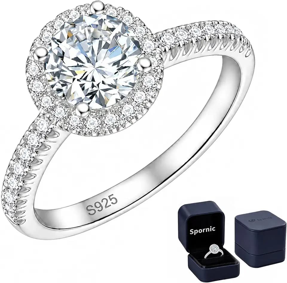 Moissanite Engagement Ring for Women, 1-5CT D Color VVS1 Round Sparkle Solitaire Ring, 925 Sterling Silver Promise Wedding Band for Her Size 4-11