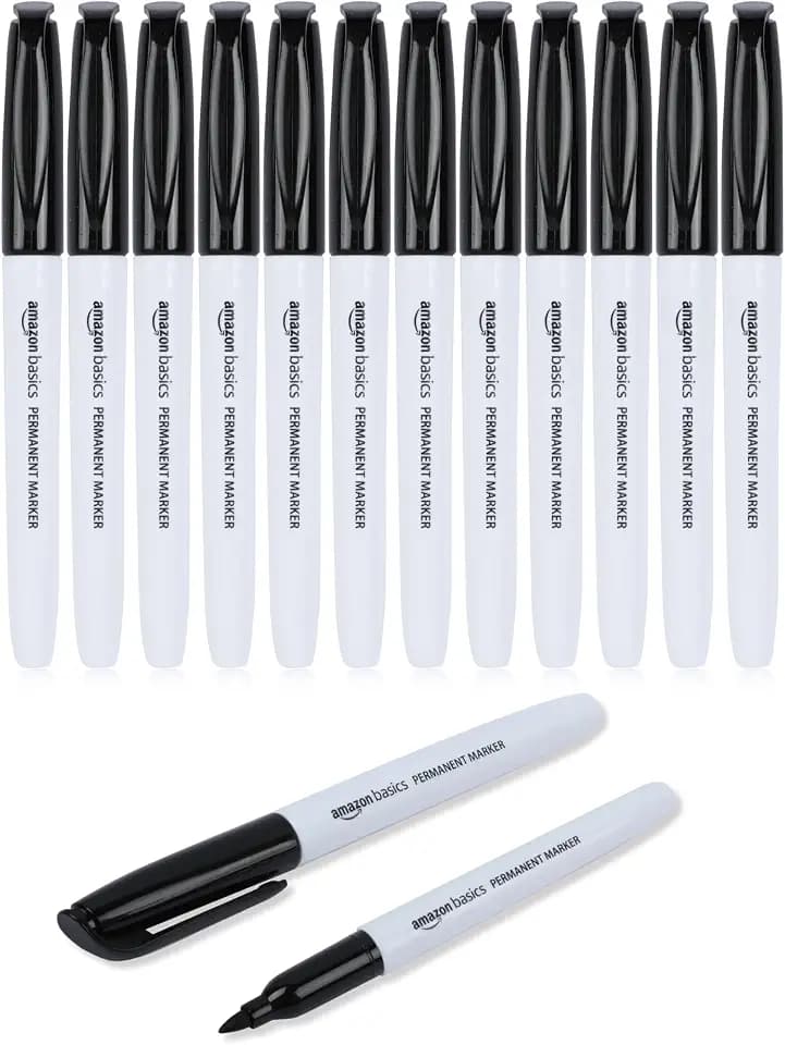 Amazon Basics Fine Tip Permanent Markers for Writing, Drawing, Quick Drying, Office, School, and Home Use, Black, 12 Pack