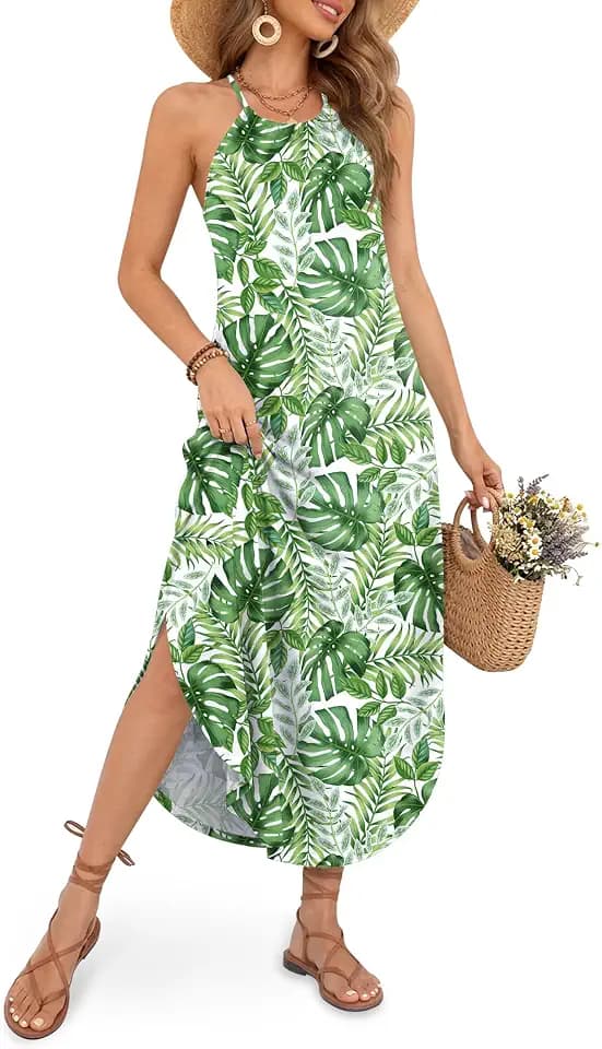For G and PL Women's Summer Casual Halter Side Slit Maxi Beach Dress Resort Vacation Cruise Wear Sundress