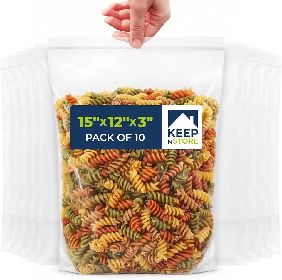 Gusseted Reclosable Bags with Bottom Gusset, Pack of 10 – Clear 2 Mil Zip Top Poly Bags, 12" x 15" x 3", 20 oz Capacity – Great for Food Storage & Bottled Liquid Packaging – Non-Toxic, Freezer Safe