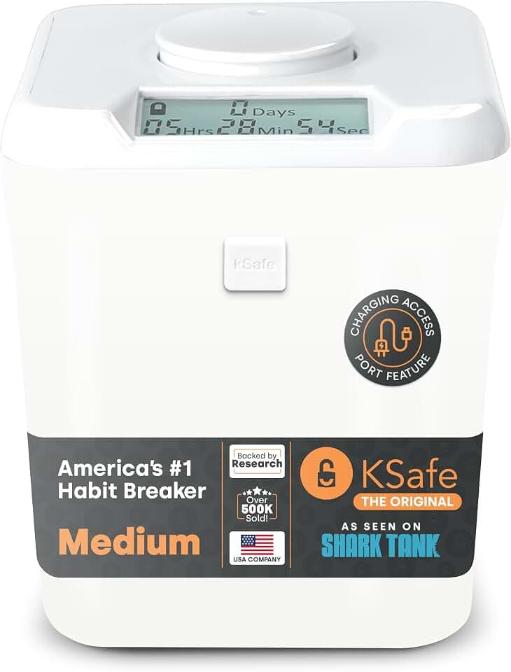 K-Safe Time Locking Container (Medium), Timed Lock Box for Cell Phones, Snacks, and other Unwanted temptations (White Lid + White Base, with Access Port)