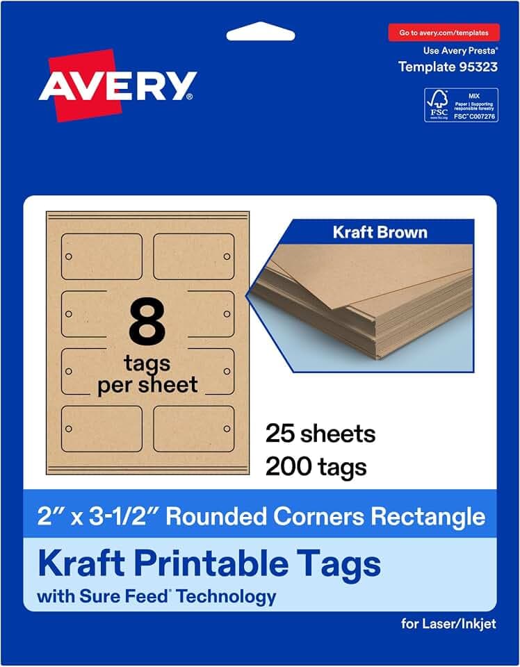 Avery® Printable Rectangle Rounded Corner Tags, Sure Feed® Technology, 2" x 3-1/2", Kraft Brown Cardstock, Print-To-The-Edge, Laser/Inkjet Printable, 200 Total, Great for Custom Gift or Branding Tags