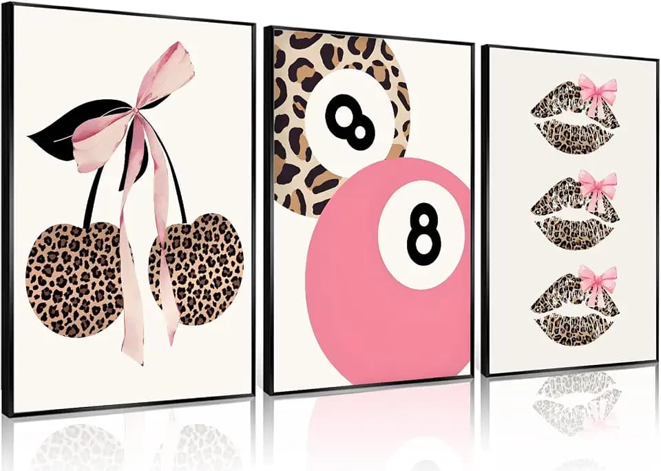Trendy Pink Leopard Bow Wall Art Set of 3 Funky Cherry Lucky 8 Ball Posters Prints Cute Coquette Preppy Room Aesthetic Wall Decor Pictures for Girls Bedroom Apartment Dorm Unframed 12x16in