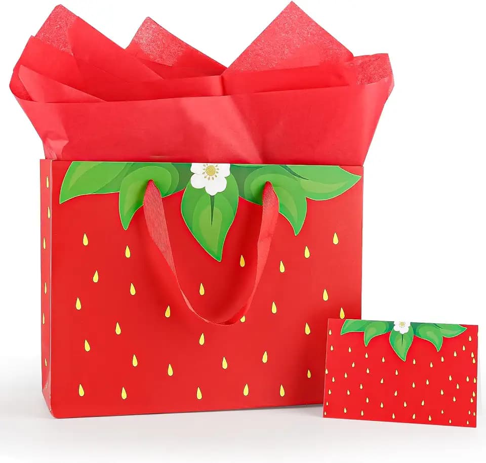 FUNCANDLE 13" Red Strawberry Gift Bags with Tissue Paper,Greeting Card,Decorations Girls Kids Women Fruit Themed Birthday Candy Treat Bag Party Supplies