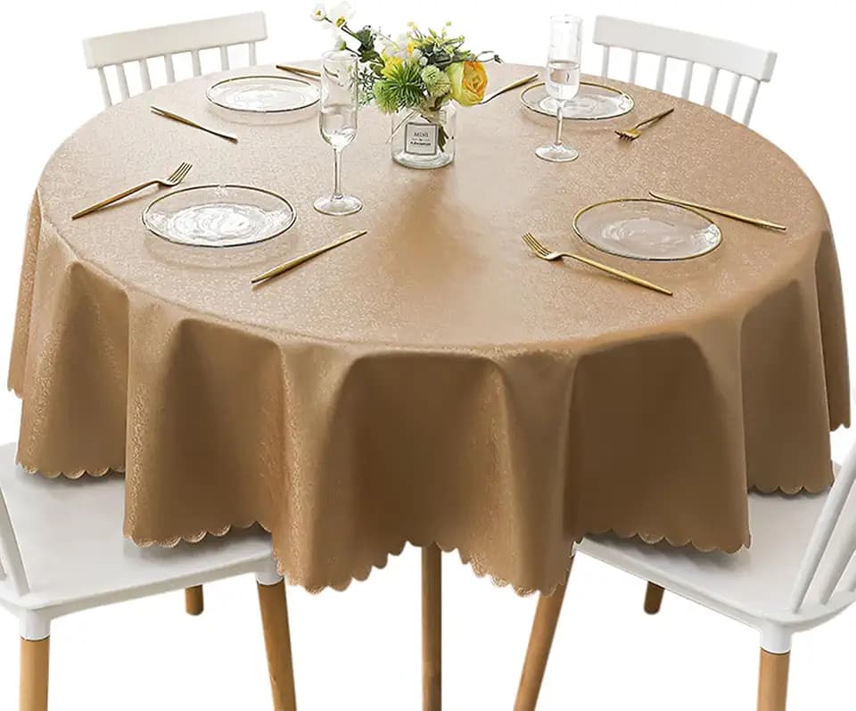 Jeloris Round Waterproof Vinyl Tablecloth, Stain Resistant Heavy Plastic Tablecloth, Wipeable Spillproof Oil-Proof Vinyl Table Cover for Kitchen, Dining, Parties, Wedding (70 inch, Coffee)