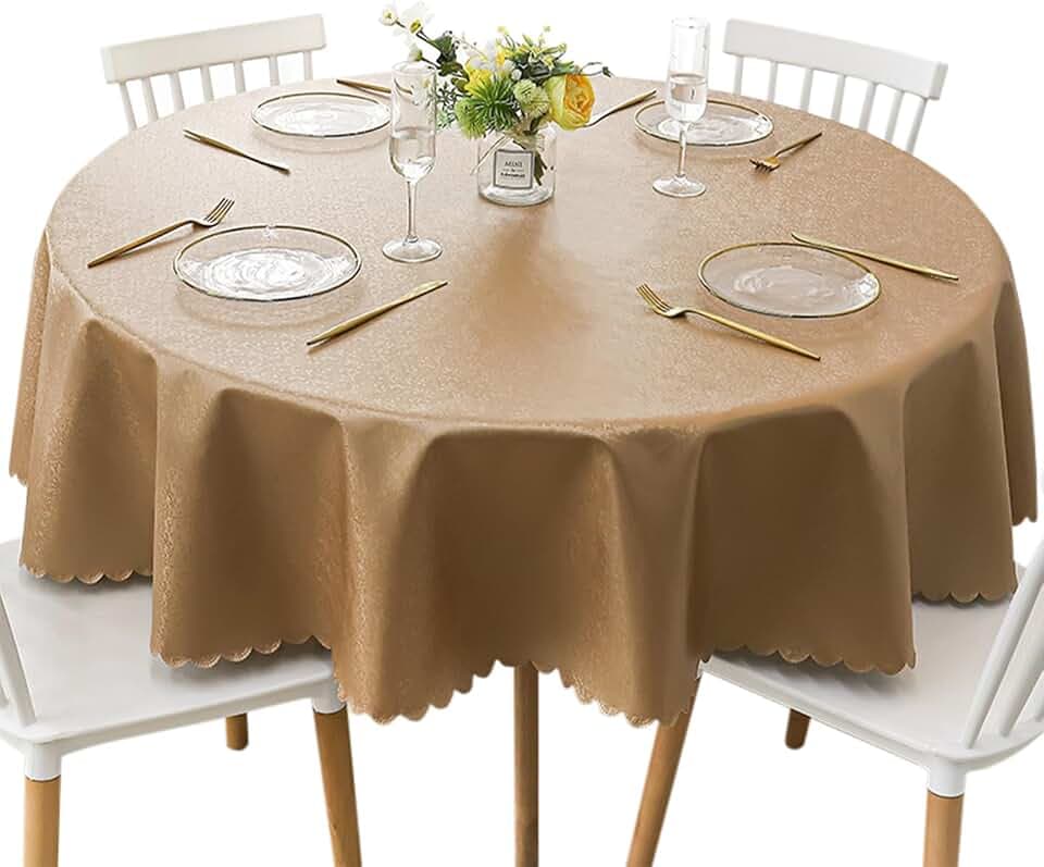 Jeloris Round Waterproof Vinyl Tablecloth, Stain Resistant Heavy Plastic Tablecloth, Wipeable Spillproof Oil-Proof Vinyl Table Cover for Kitchen, Dining, Parties, Wedding (62 inch, Coffee)