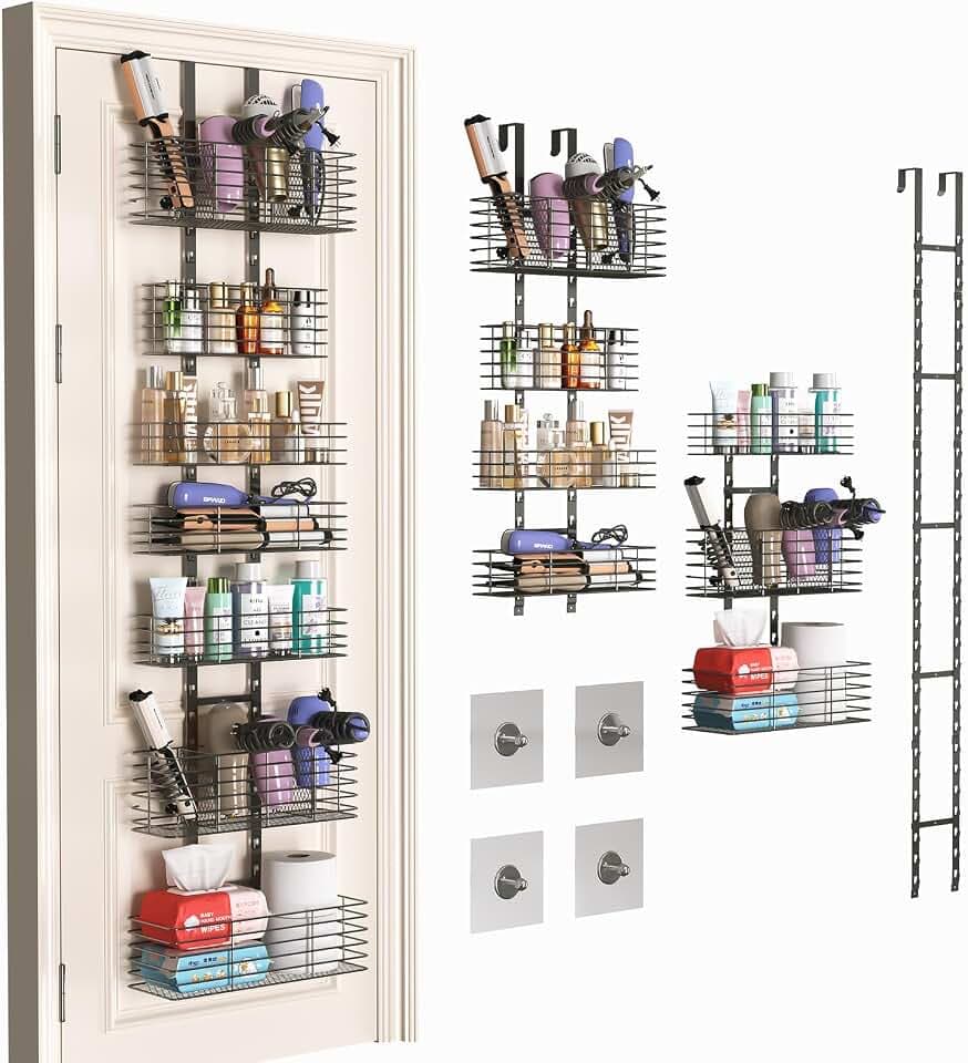 Yuyetuyo 7-Tier Over The Door Organizer, Shower Caddy Hanging &Wall Mounted Hair Tool Organizer/Hair Dryer Holder Adjustable, Behind Door Storage for Bathroom Bedroom Closet Cabinet Pantry Kitchen