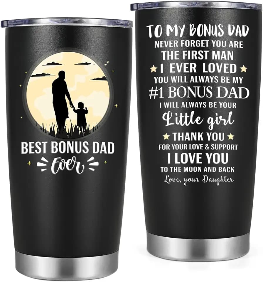 LiqCool Bonus Dad Gifts, 20 Oz Best Bonus Dad Ever Tumbler with Card & Pillow Cover Gift Set, Funny Gifts for Bonus Dad, Unique Bonus Dad Gifts Ideas for Birthday Christmas(Black2)