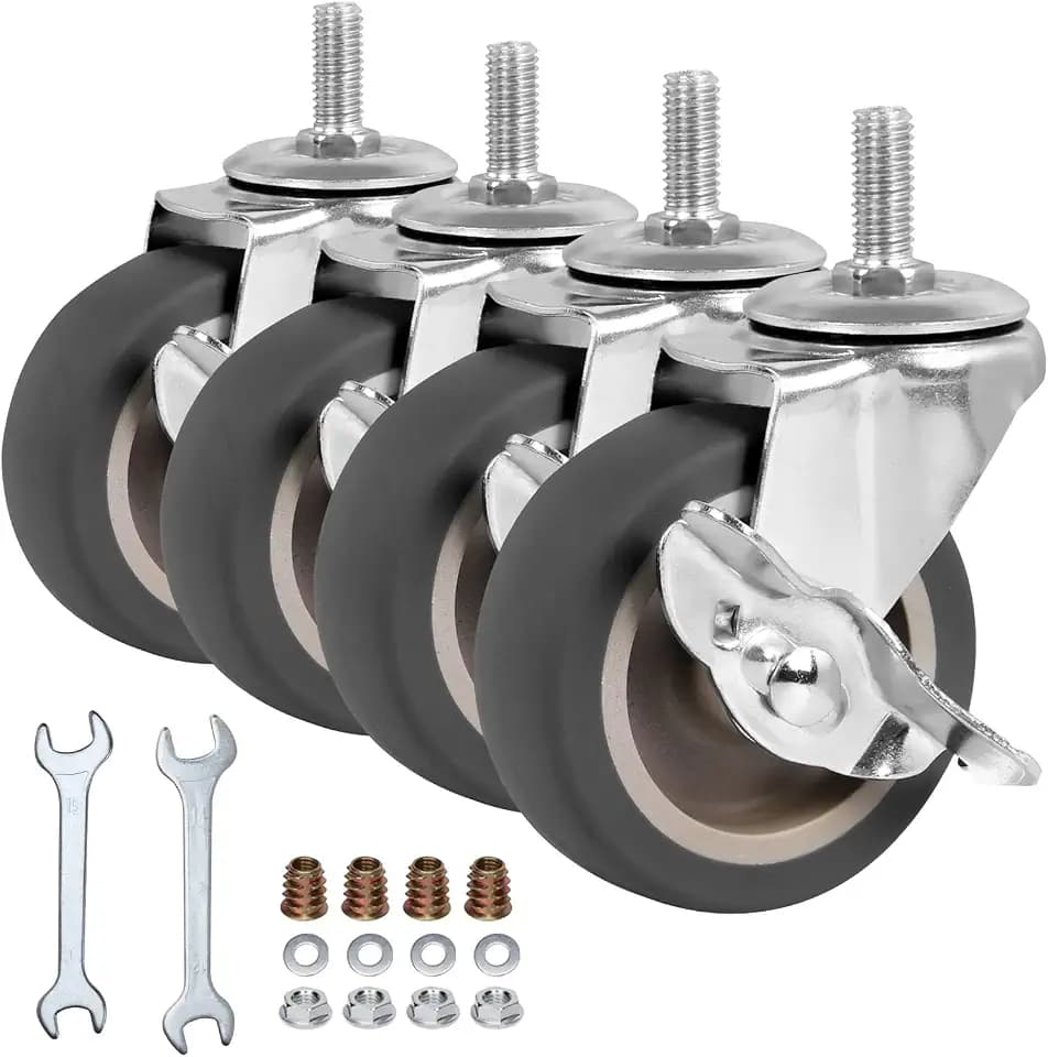 3 Inch Caster Wheels, Threaded Stem Casters Set of 4, Heavy Duty Wheel with Brake, Metric Size M8-1.25-25 (Screw Diameter 8mm, Screw Length 25mm) Casters for Wire Shelving, Furniture Dolly