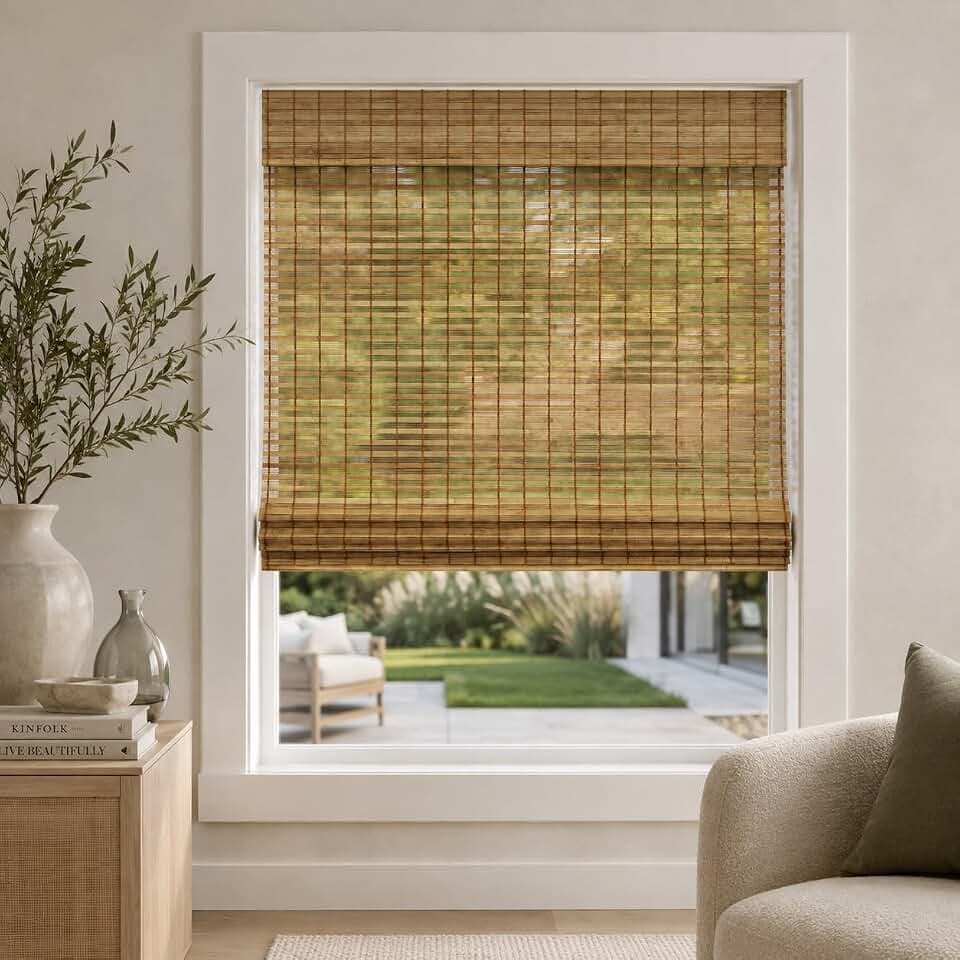 CHICOLOGY Cordless Bamboo Roman Shade, Light Filtering, Squirrel 34.5"x74"