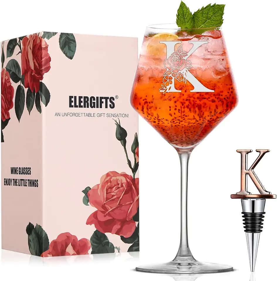 Personalized Gifts for Women – Monogrammed A-Z Wine Glass with Wine Stopper, Unique Birthday, Engagement, Bridesmaid or Wedding Gift for Mom, Friend, Sister, Wife, Dishwasher Safe (K)