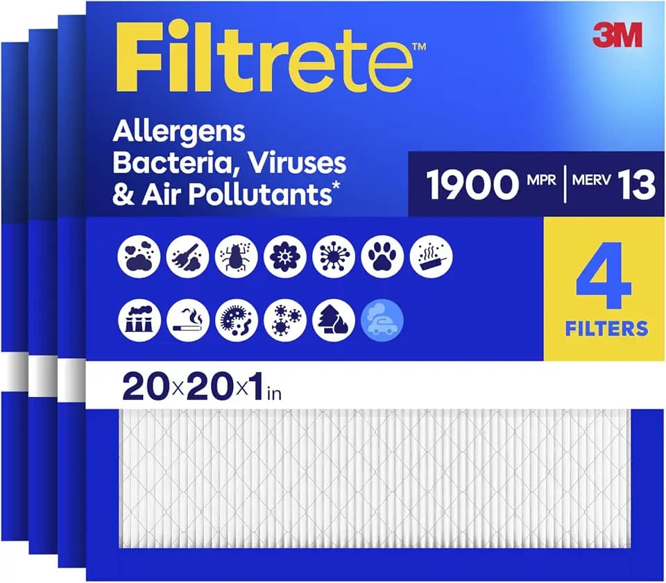 Filtrete 20x20x1 Air Filter, MERV 13 MPR 1900, Allergens, Bacteria, Viruses & Air Pollutants, 3-Month AC/Furnace Filters, Cleaner Air Reliable Airflow, 4 HVAC Filters(Act Size 19.62x19.62x0.78 in)