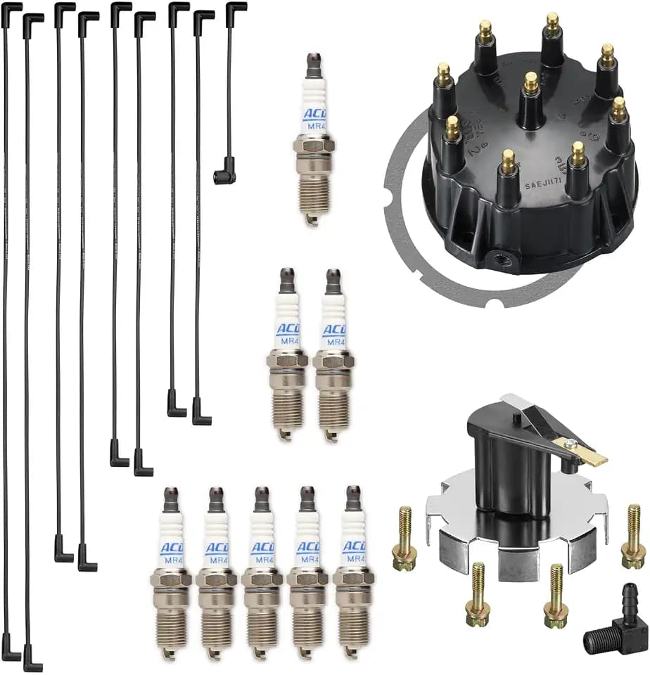 RPS Marine Tune Up Kit - Fits Mercruiser 5.0L, 5.7L, 7.4L & 8.2L V8 Thunderbolt Ignition Engines - Includes Distributor Cap, Rotor, 8MM Spark Plug Wires, and 8 MR43T Spark Plugs.