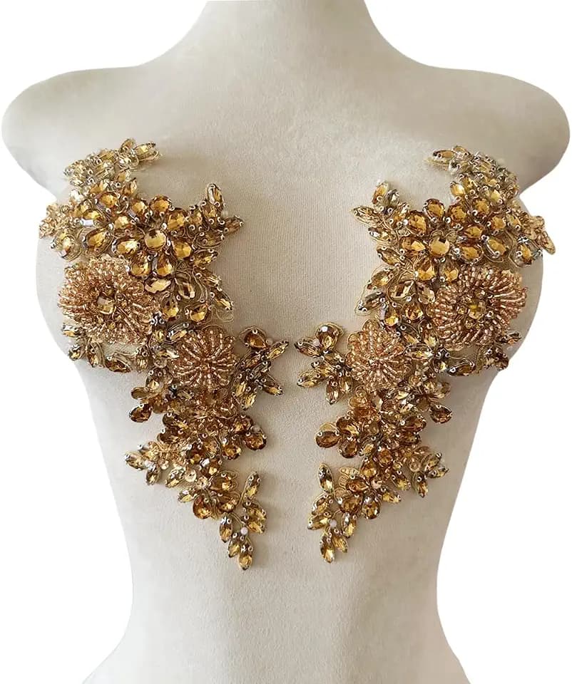 Handmade Shining Rhinestones lace Applique Patches Sewing Beads Sequins Stone Trim Accessories for Wedding Dress 1 Pair/Bag 11X4.3inches (Champagne)